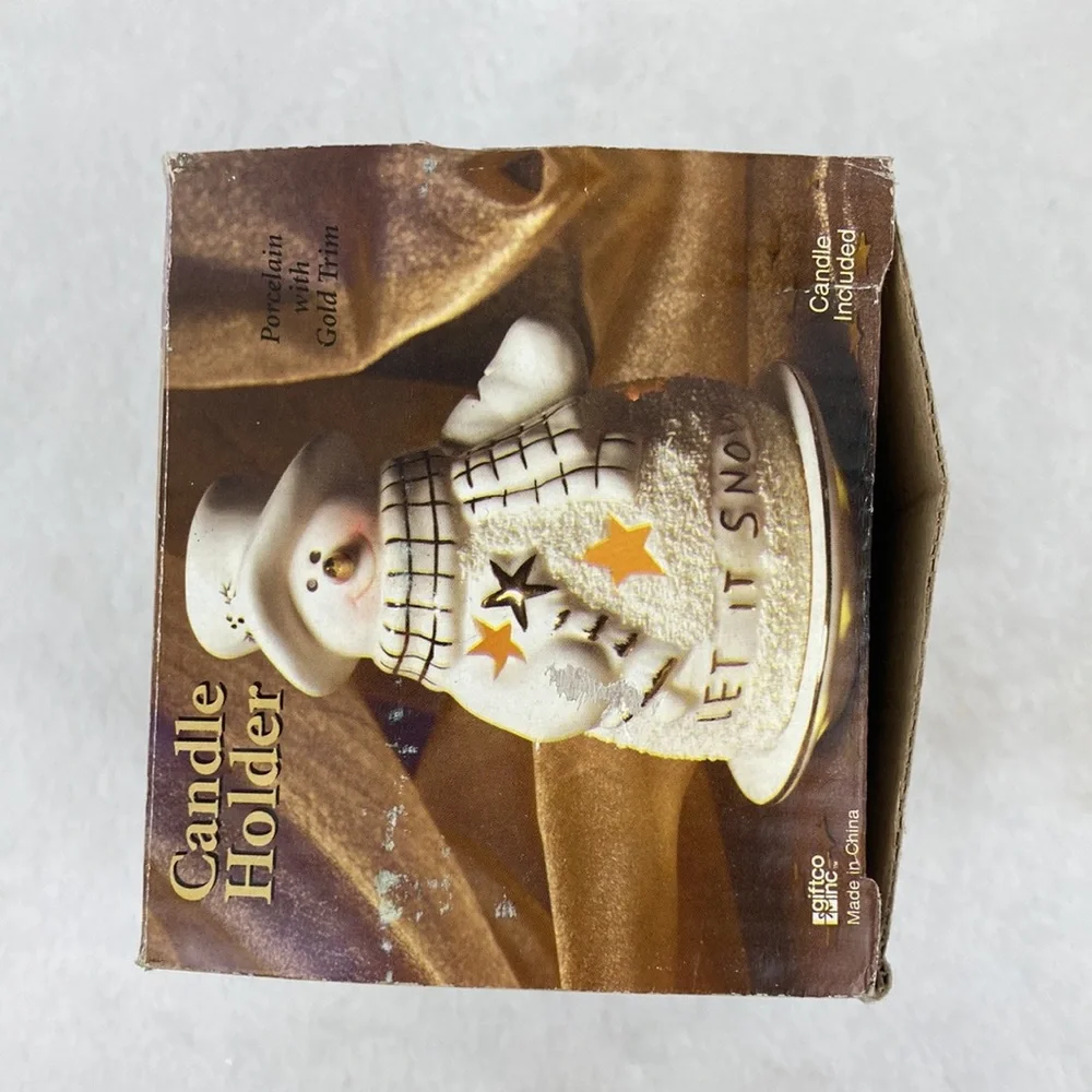 Christmas Let It Snow Ceramic Snowman Tea Light Holder with Plate NIB